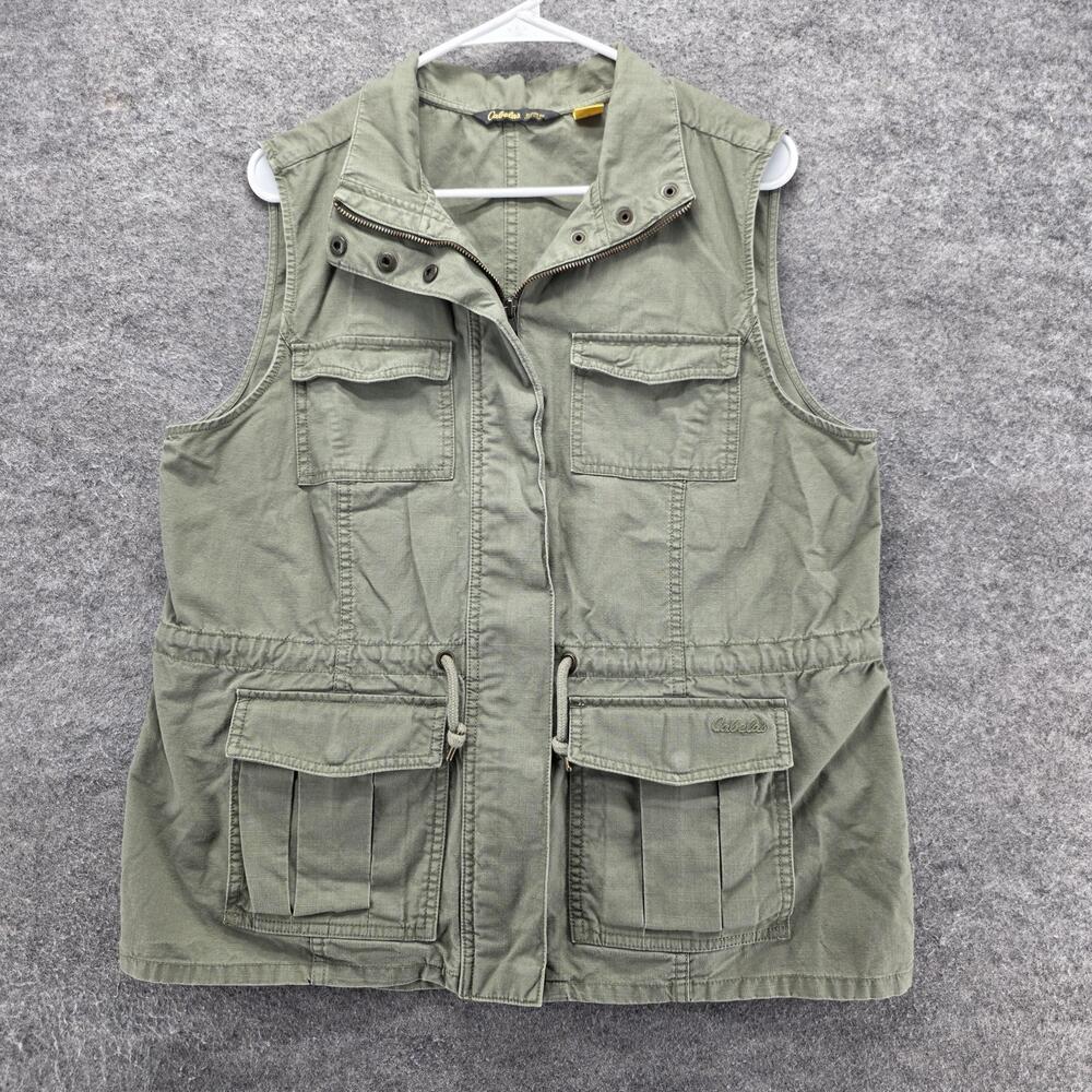 Cabela's Vest Womens L Green Canvas Military Pockets Collared Full Zip